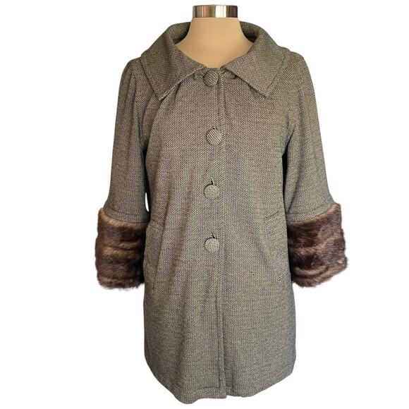 Live A Little Herringbone Swing Coat Jacket Fur Cuffs SMALL Retro 50s 60s Fall - Picture 1 of 12